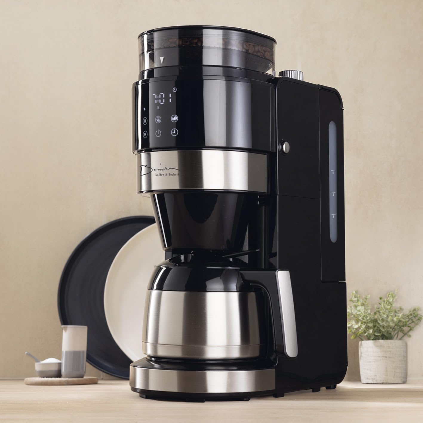 Barista - Macchina da caffè con display touch digitale, 800 W, con macina + caraffa termica