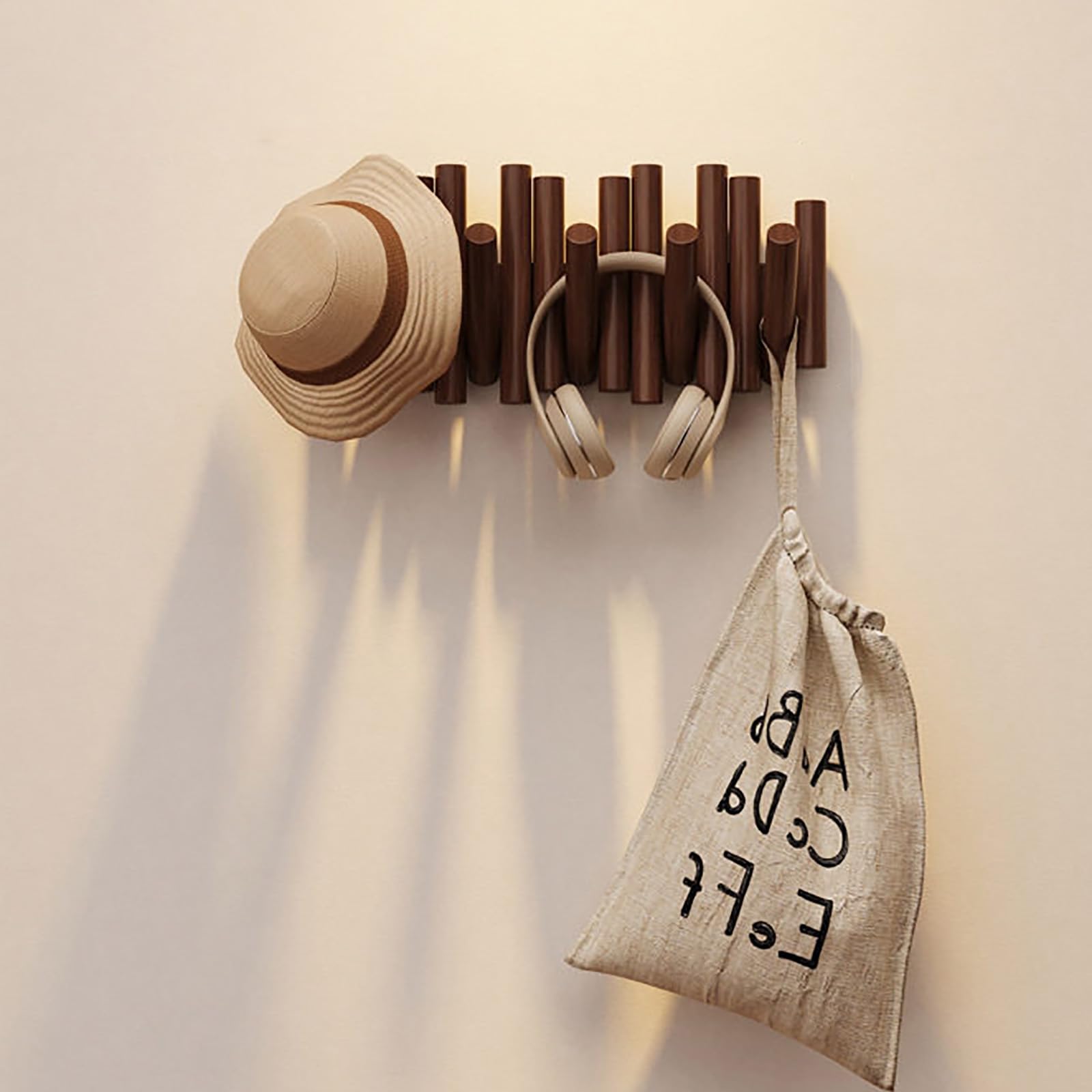 JS Space Wooden Wall Mounted Coat Rack with Hidden Flip Down Hooks, Modern Wood Coat Hooks Wall Mounted for Entryway, Bedroom, Bathroom, Hallway Walnut 5-Hook