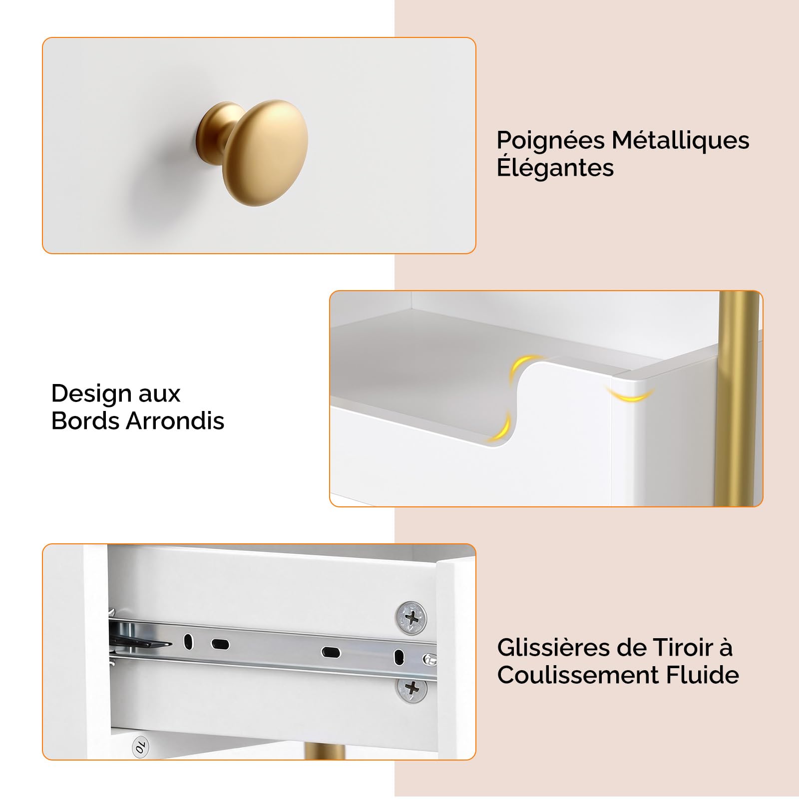 Bonnlo Chariot de Coiffure, Chariot de Salon Professionnel 3 Étages avec Tiroir, roulettes Verrouillables, Plateau Supérieur Plat avec Bordure, pour Esthétique, Spa, Studio Ongles, Blanc et Doré
