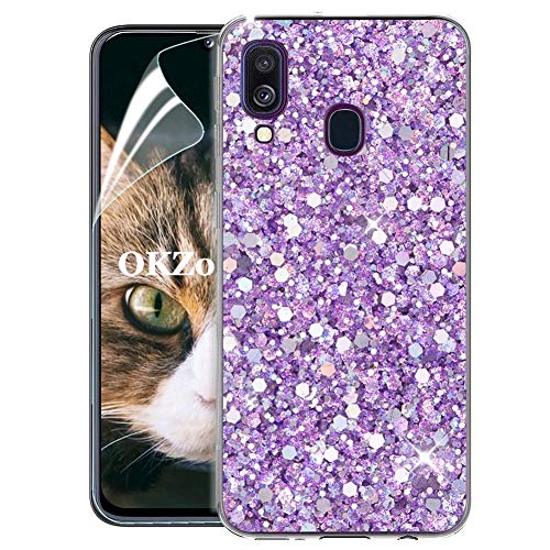 OKZone Funda Samsung Galaxy A40 Carcasa Purpurina [con Protector Pantalla], Cárcasa Brilla Glitter Brillante TPU Parachoque Teléfono Smartphone Móvil Case para Galaxy A40 (Púrpura)