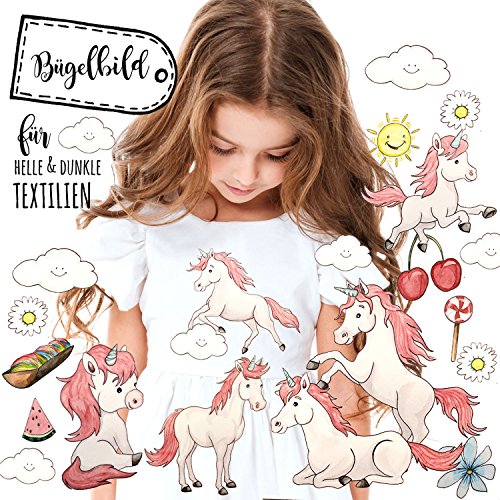 ilka parey wandtattoo-welt® Bügelbilder Set Einhörner Wolken & Regenbogen Bügelbild Applikation Einhörner Set bb063 - ausgewählte Größe: *M - 14 cm breit x 21 cm hoch*