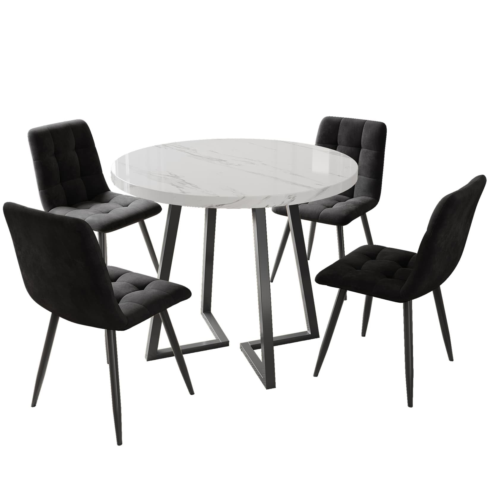 PUGSDRLY Table a Manger 80x80x75cm avec 4 Chaises,Table Ronde et Chaises en Velours,Pieds en Métal,Ensemble de Salle à Manger Moderne pour 4 Personnes (Noir+Noir-A)