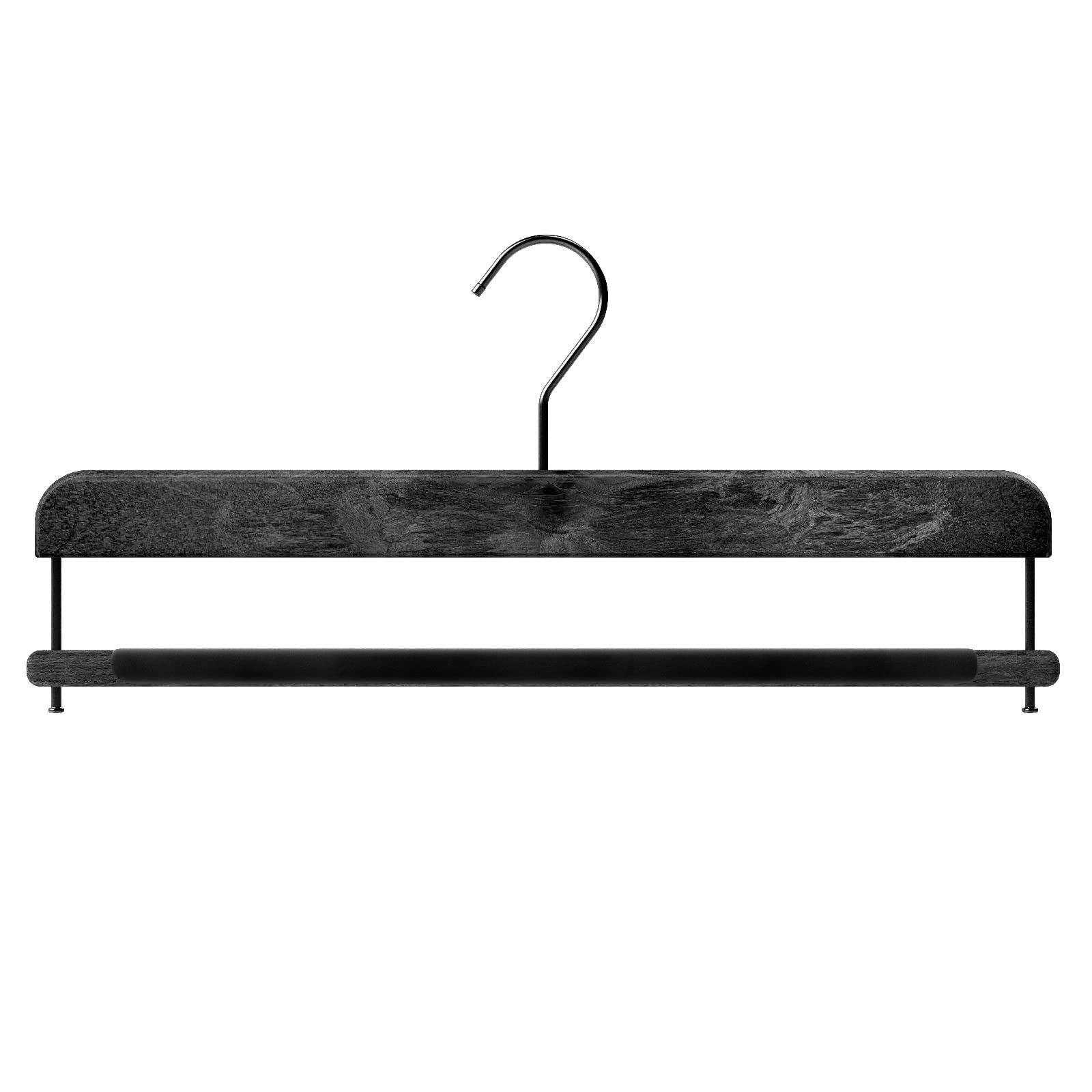 Mainetti Appendini per Pantaloni Uomo Donna, Grucce in Plastica, Salvaspazio, con Barra in Velluto Antiscivolo, Effetto Venature Legno, Made in Italy, Set di 10 Pezzi (Nero con gancio nero, 38 cm)