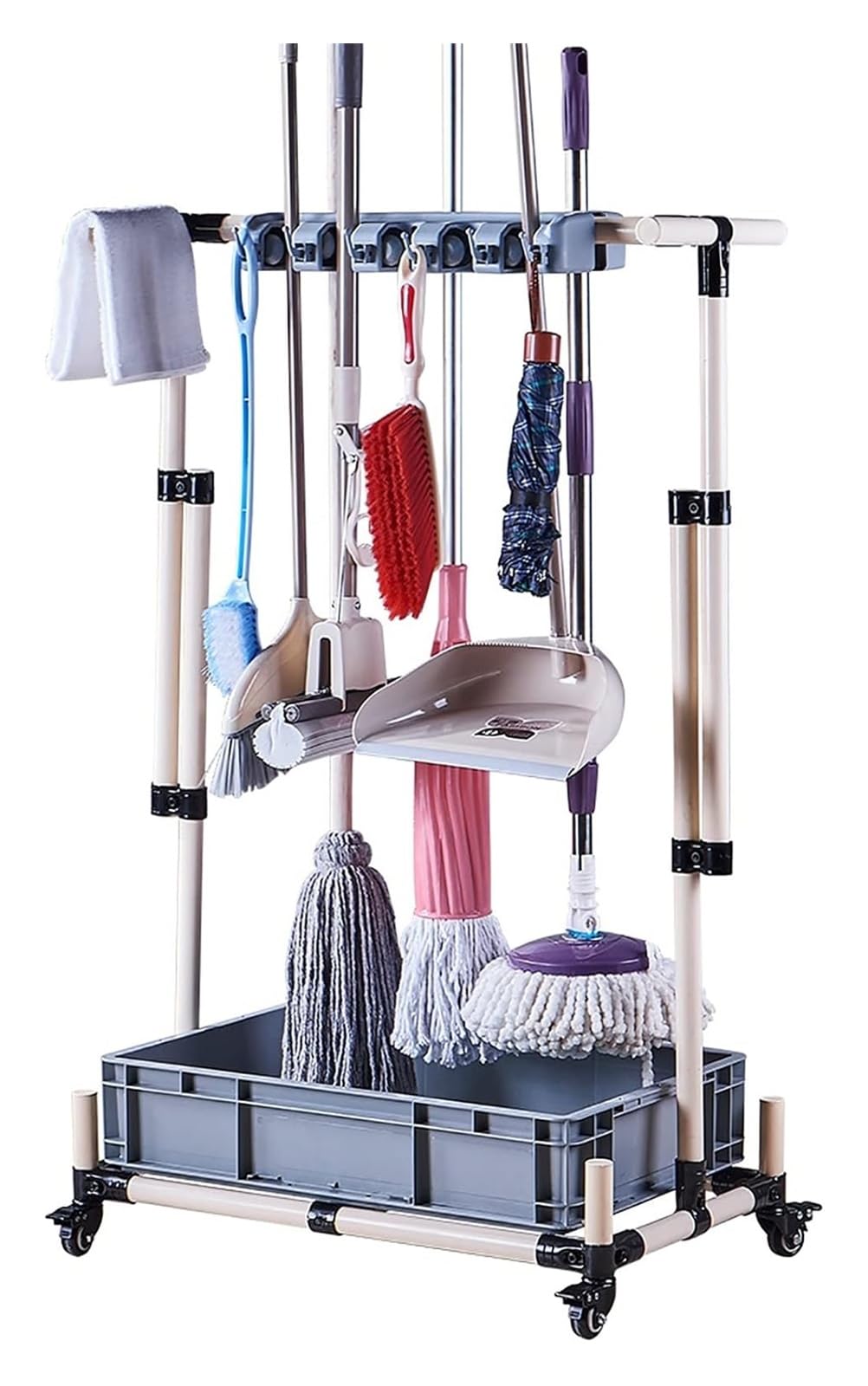 Carrito de herramientas de limpieza de pie con soporte para escoba y fregona para almacenamiento en varios ajustes