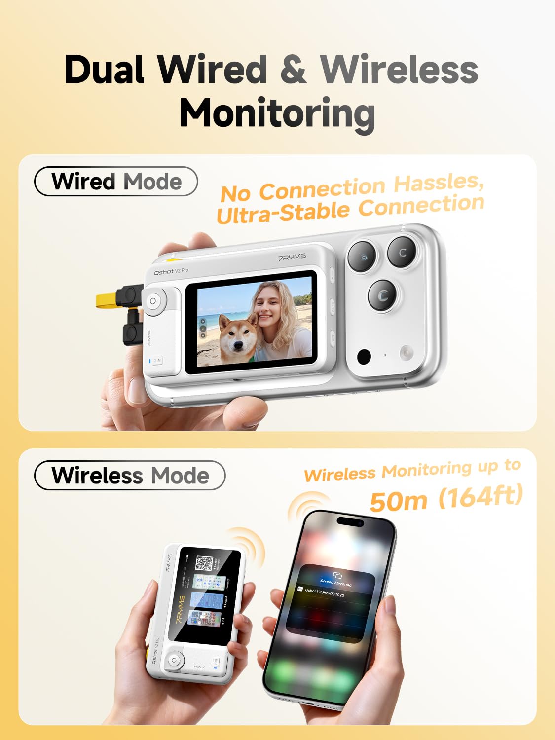 7RYMS Qshot V2 Pro Écran Selfie pour iPhone et Android, Moniteur Caméra Arrière 4K 30fps sans Fil / 4K 60fps Filaire, Télécommande sans Fil, pour Vlog, Live Streaming, TikTok, Youtube (Blanc)