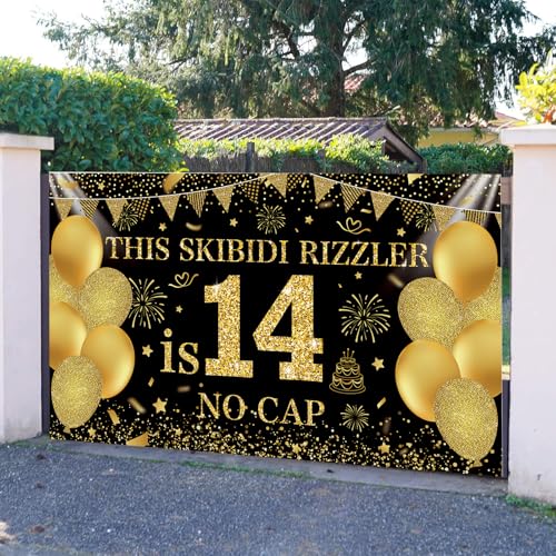 Image of Black Gold This Skibidi Rizzler is 14 No Cap Happy Birthday Backdrop Banner Photography Background Decorations for Boys Girls 14th Year Bday Party Accessories Supplies 72.8 * 43.3in