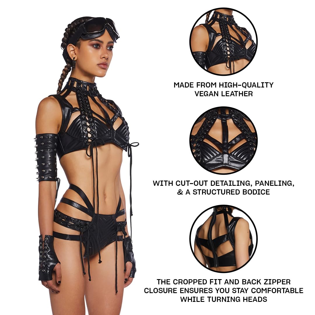 Dolls Kill Rude Awakening Harness Bra Top by Club Exx - Vegan Leather, Lace-Up, Cropped Fit for Festivals and Raves