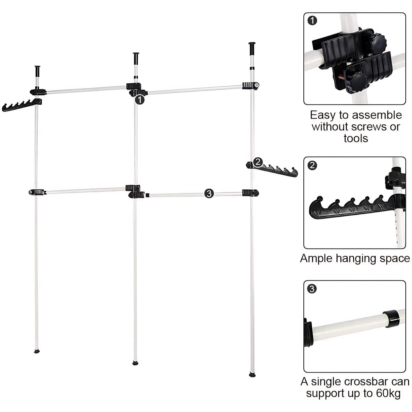 Perchero Independiente, Perchero de Ropa Telescópico, Carril de Ropa de Hierro Resistente, Extensible con 2 Ganchos, Bastidor de Ropa Altura Ajustable, Altura Ajustable 281-329 cm, Nuevo