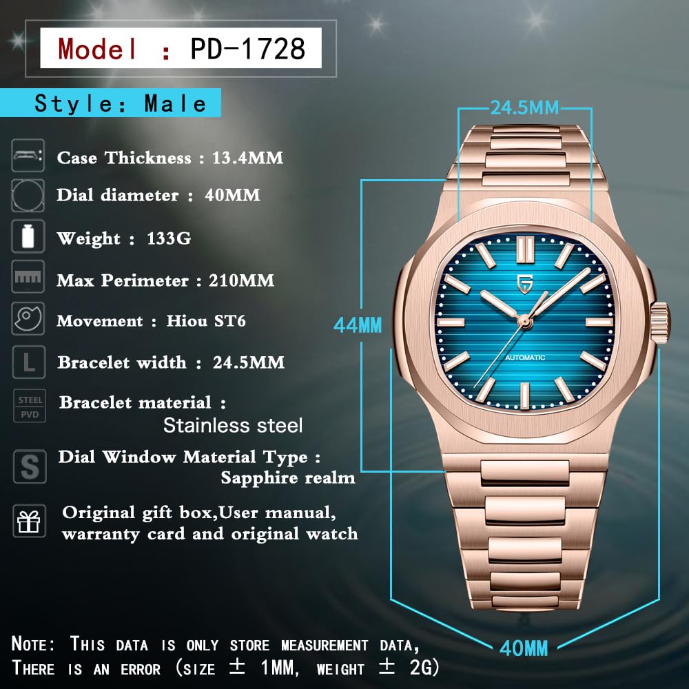 Pagani Design automatyczny zegarek dla mężczyzn, różowe złoto, 40 mm, stal nierdzewna, minimalistyczny, analogowy, prezent z syntetycznym szafirowym szkłem tarczowym, wodoodporny 100 m