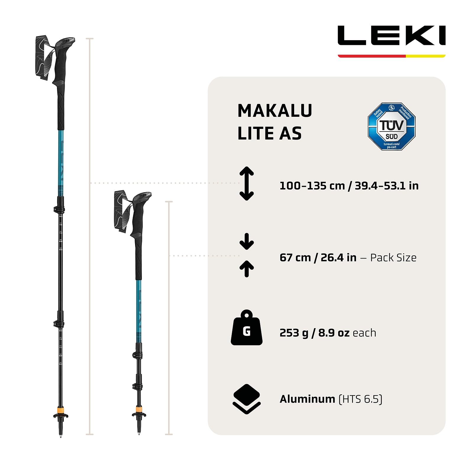LEKI Makalu Lite AS Wanderstöcke Damen & Herren | leichte, verstellbare Trekkingstöcke aus Aluminium (90-135cm) mit Trekkingteller | Antishock Dämpfungssystem by LEKI