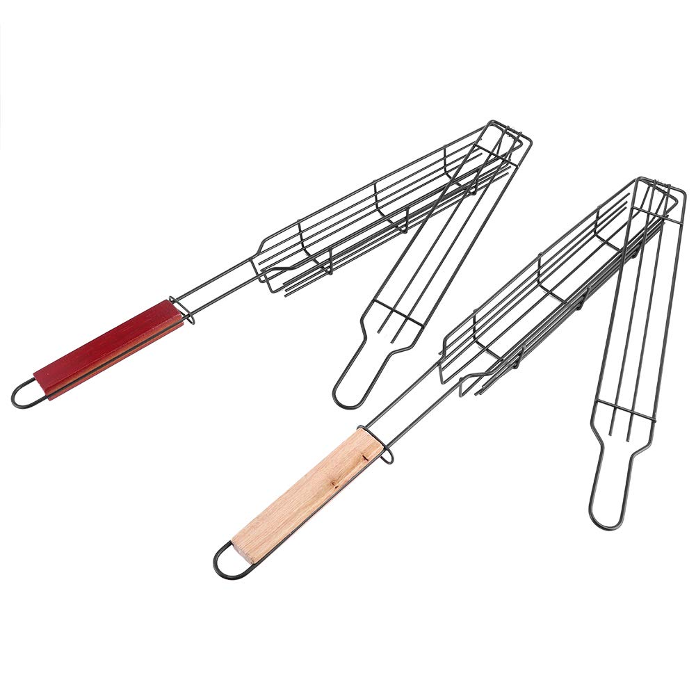 2 pièces paniers grille pour barbecue, grille de barbecue avec poignée en bois pour kebab, saucisse, légumes, poissons, crevettes, 49 x 4,7cm