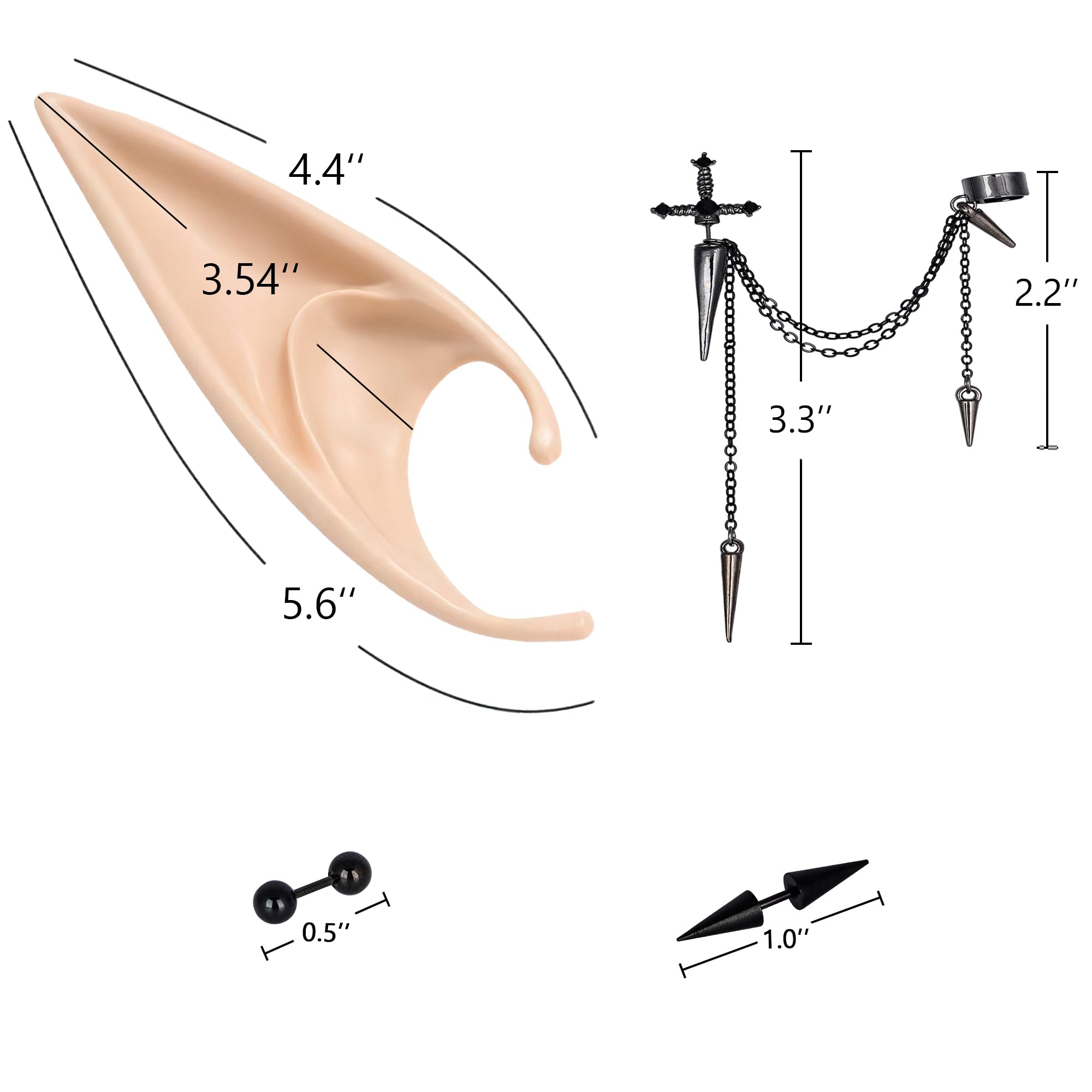 FRESHME 2 Pairs of Fairy Elf Ears with Sliver Piercings - Gothic Elf Ear Cuffs Skull Rose Cross Studs Sterling Earrings