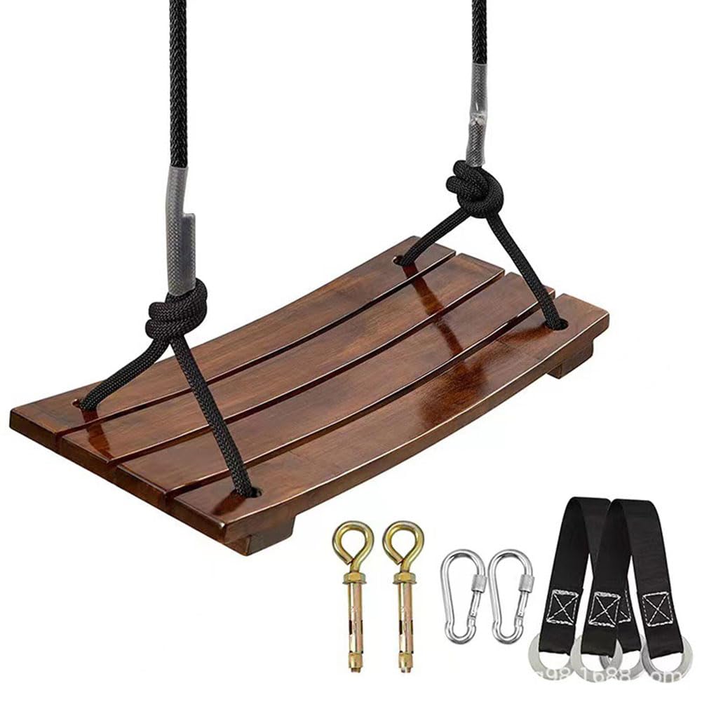 Solid Wood Swing One Seat Simple Swing Maximum Load 440Lbs Curved Swing Adjustable Rope Length Outdoor Rope Swing for Adults