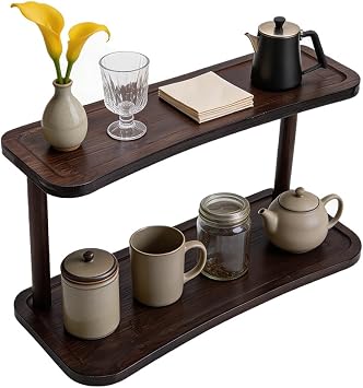 NBEADS Bamboo Desktop Organizer Shelf, 2-Tier Wave-Shaped Bamboo Side Table Desktop Storage Shelf Display Stand for Vanity, Bathroom, Office, Coconut Brown, 40x16.5x22cm