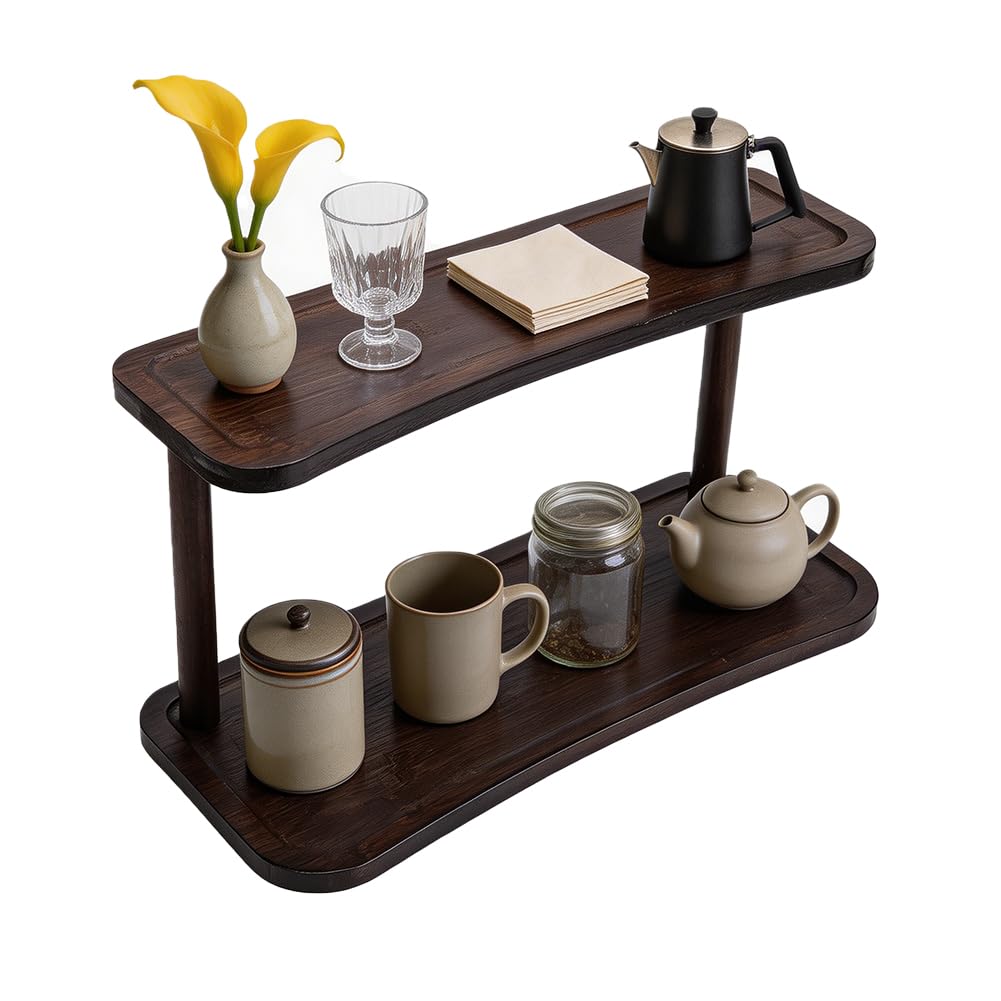 NBEADS Bamboo Desktop Organizer Shelf, 2-Tier Wave-Shaped Bamboo Side Table Desktop Storage Shelf Display Stand for Vanity, Bathroom, Office, Coconut Brown, 40x16.5x22cm