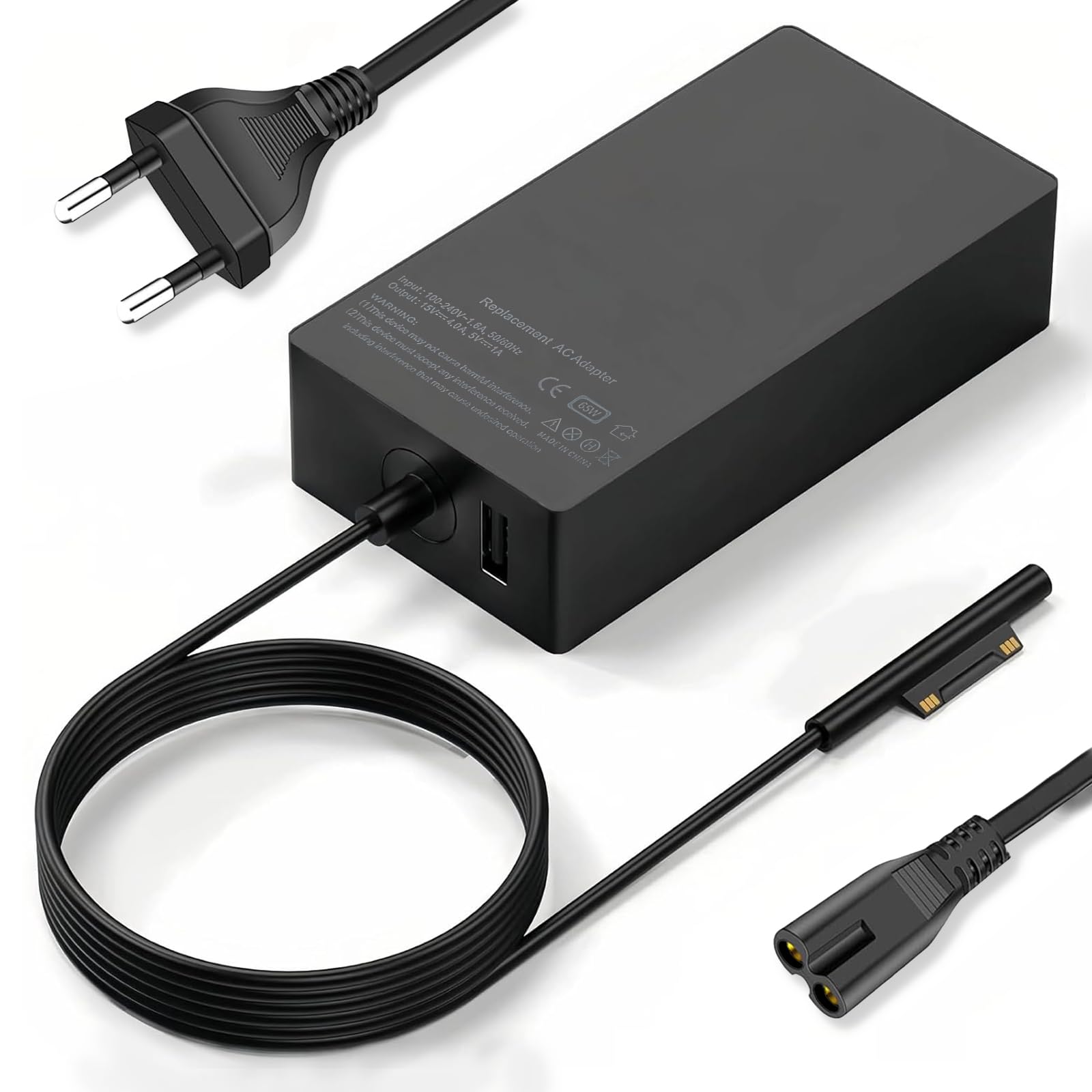 Caricatore Surface Pro 65W 15V 4A Alimentatore per Microsoft Surface Pro 11/10/9/8/7+/6/5/4/3/X, Surface Laptop 1/2/3/4, Book 1/2, Surface Go 1/2 Tablet Windows 1796 1800 Caricabatterie con Port USB