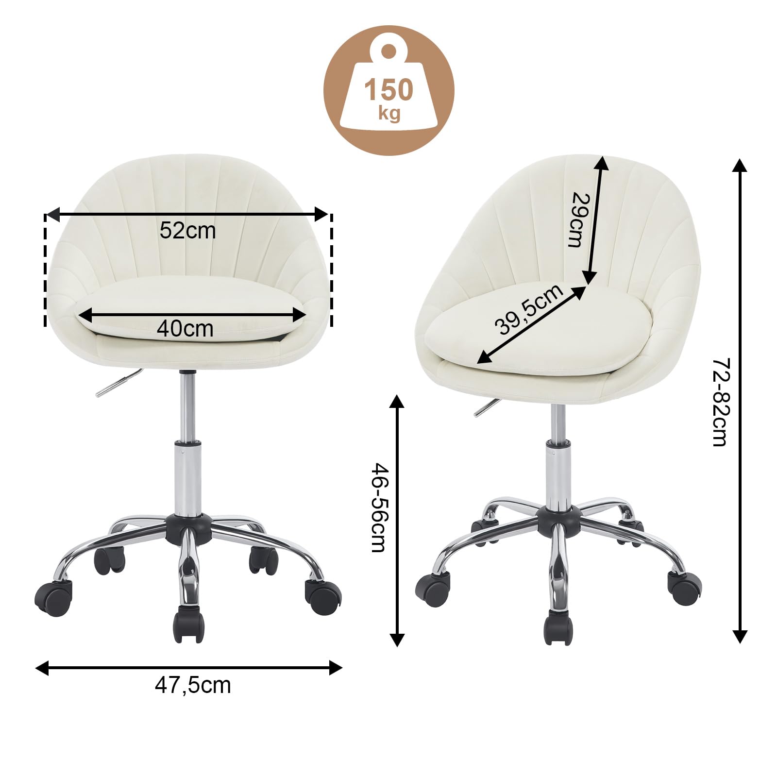 WOLTU Chaise Bureau, Chaise Coiffeuse Pivotante, Siège Rembourré avec Double Coussin, Réglable en Hauteur, pour Bureau, Chambre, en Velours, Beige, BS167cm