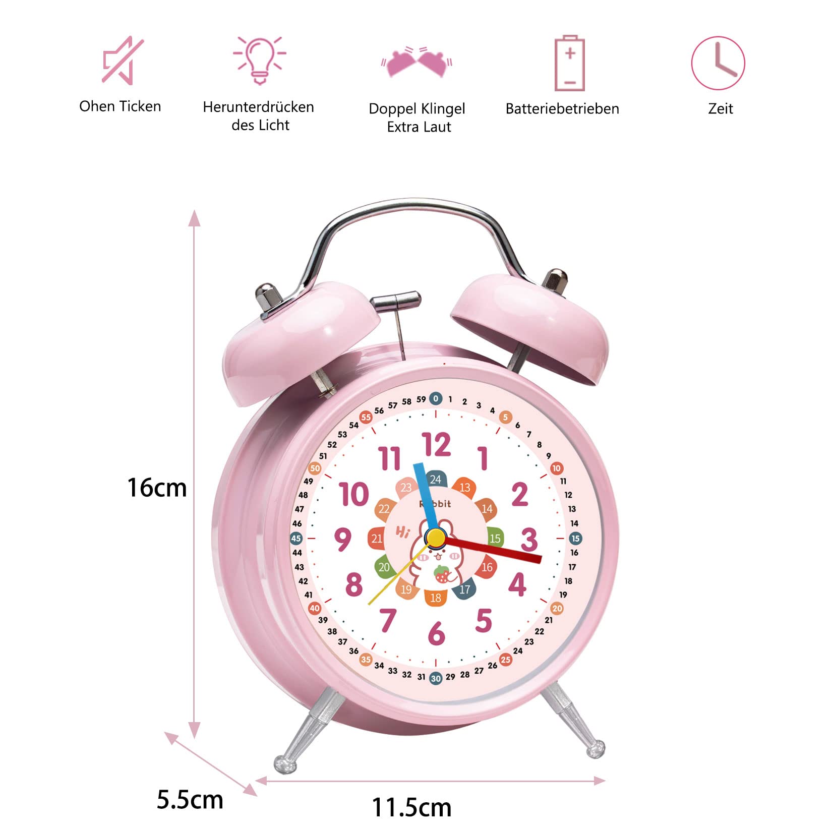 Idota Réveil Analogique Lapin Rose – Double Cloche, Sonnerie Forte, Sans Tic-tac, Veilleuse Intégrée – Pile AA Non Incluse – Enfant