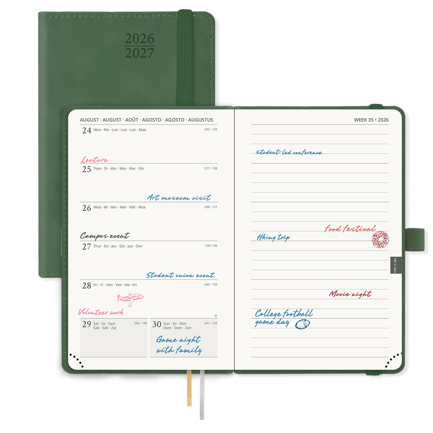 POPRUN Academic Pocket Diary A6 Week to View 2026-2027 Soft Cover 16 x 10.5 cm - 26/27 Small Weekly Planner & Notebook in One, Inner Pocket(Mint Green)