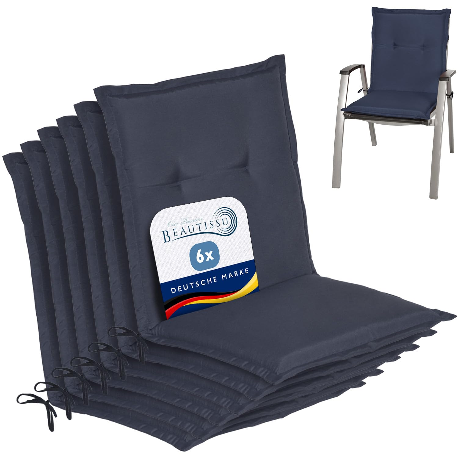 Beautissu 6er Set Niedriglehner Auflage Gartenstuhl NL mit Schaumkern | 100x50x6cm Dunkelblau Sitzkissen Niederlehner Rückenkissen niedrig Stuhlkissen Kissen Füllung polster Loft