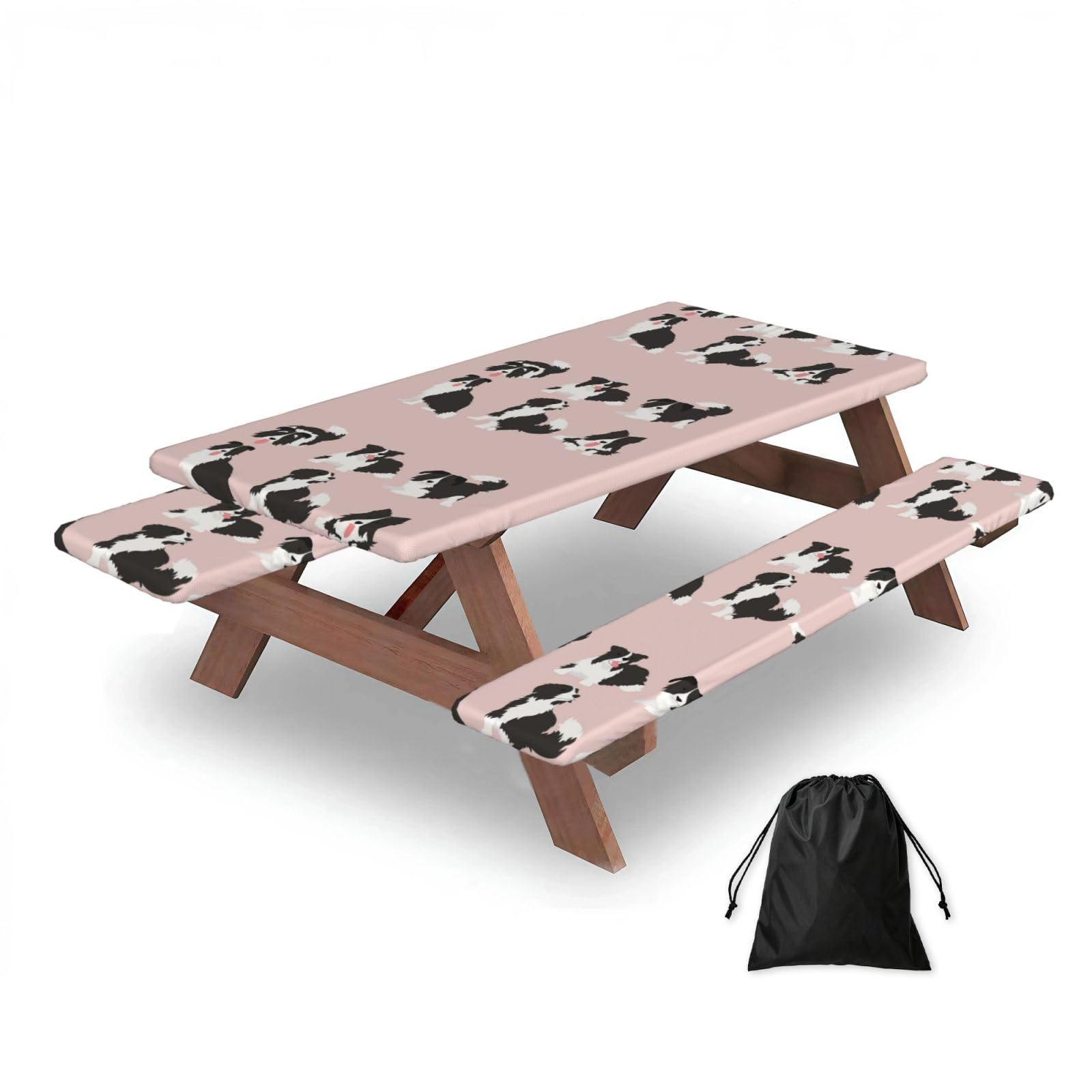 Dopklna As Picture Border Collie Dog, Picnic Table Cover With Bench Covers -Waterproof Elastic Fitted Tablecloth For Garden Camping Patio 76X152cm