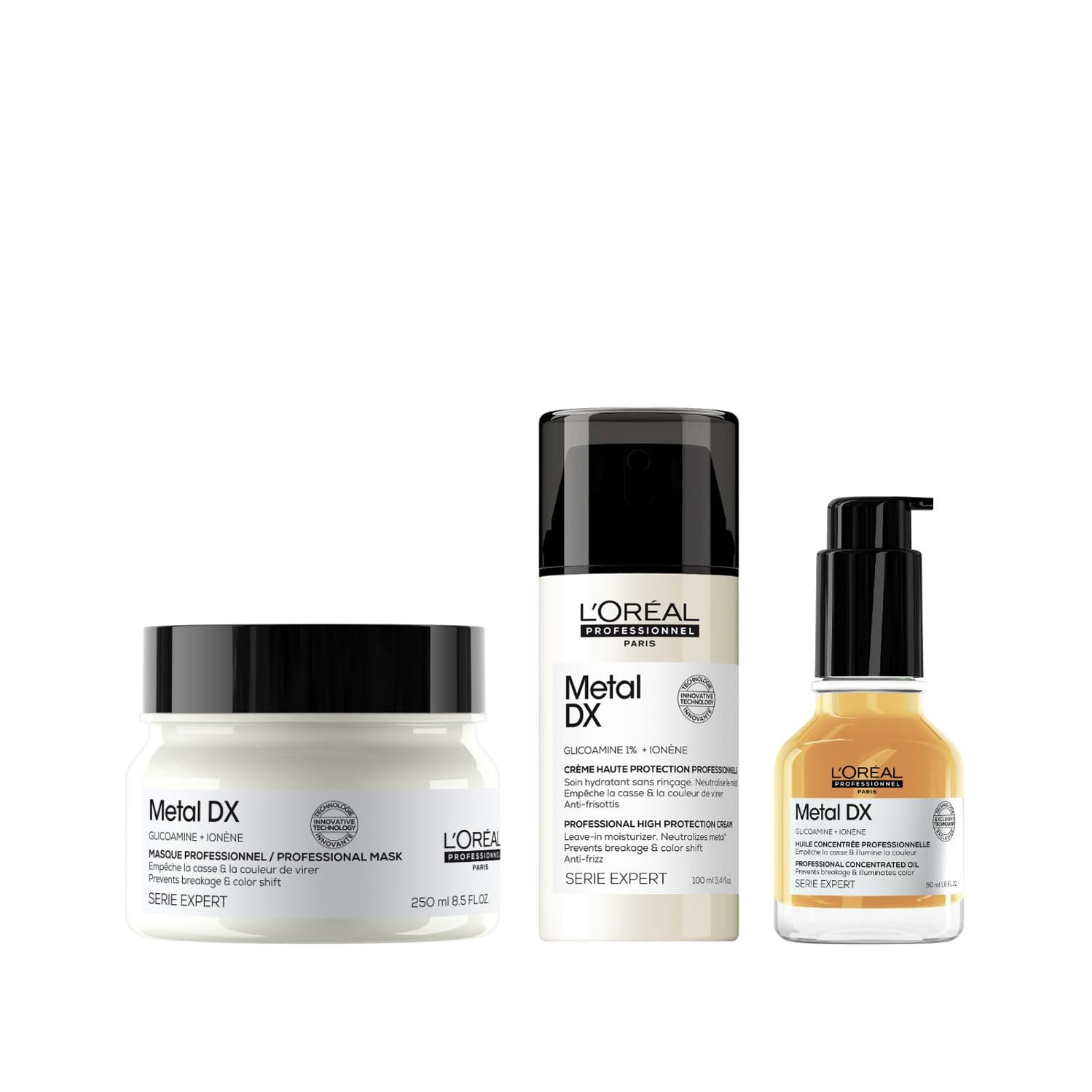 L'Oréal Professionnel Pflegetrio für alle Haartypen, beugt Haarbruch & Farbveränderungen vor, Anti-Frizz, Hitzeschutz, Mit Glicoamin, Serie Expert, Metal DX Haarmaske, Öl & Leave-In Cream