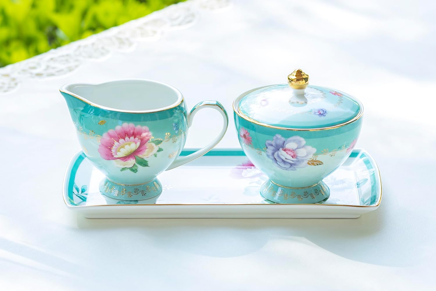 Grace Teaware Gift Boxed Mint Floral Bloom Fine Porcelain Sugar Creamer & Serving Tray Trio Set with Gold Trim