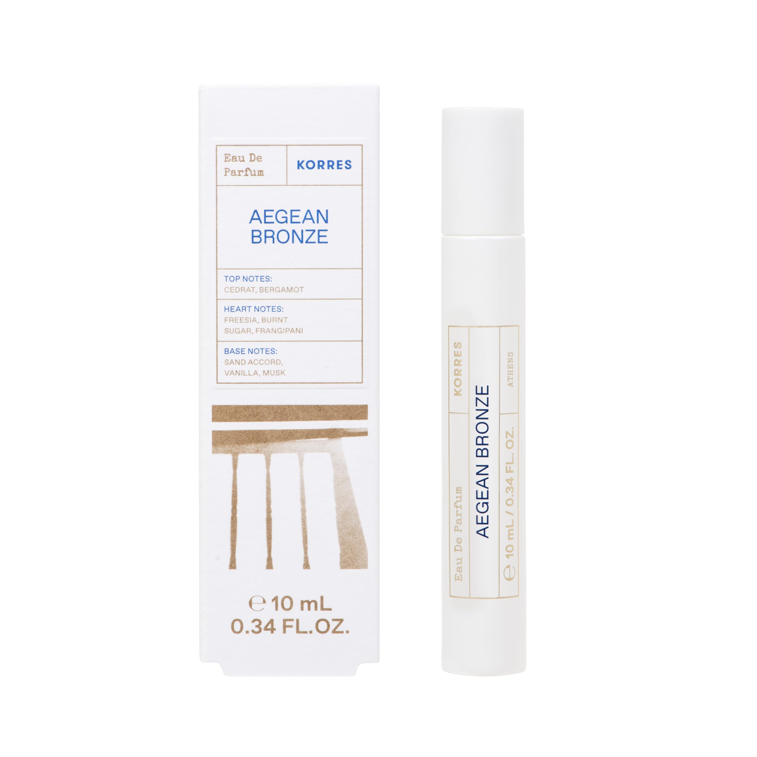 KORRES Aegean Bronze Eau de Parfum dla kobiet, deluxe rozmiar podróżny, roll-on do podróży, ciepły zapach bursztynu i lata, z bergamotką, wanilią i palonym cukrem, wegańska, 10 ml