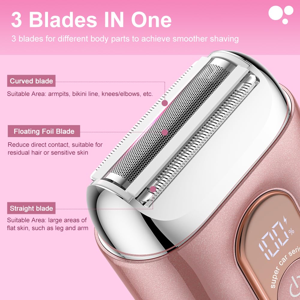 Rasoir électrique féminin, [2026 new] Rasoir intime 3D à trois lames pour femme, Epilateur Visage, Tondeuse Femme Intime, rasoir électrique sec et humide pour femme, pour maillot, aisselles, jambes