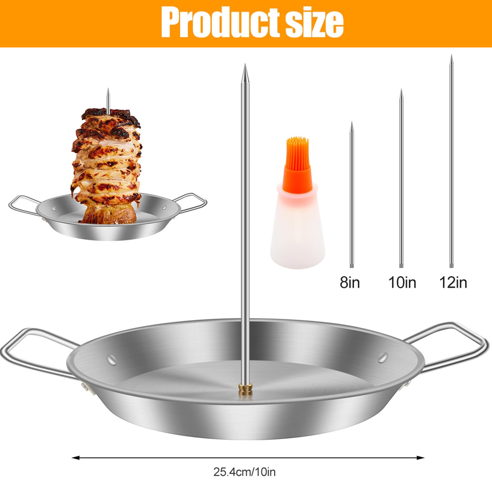 LYDODOKA Pastor Skewer for Grill, Stainless Steel Vertical Skewer with 3 Removable Spikes(8/10/12''), Oil Brush, Brazilian Vertical Spit Stand Vertical Skewer Stand for Tacos Al Pastor Shawarma Kebabs