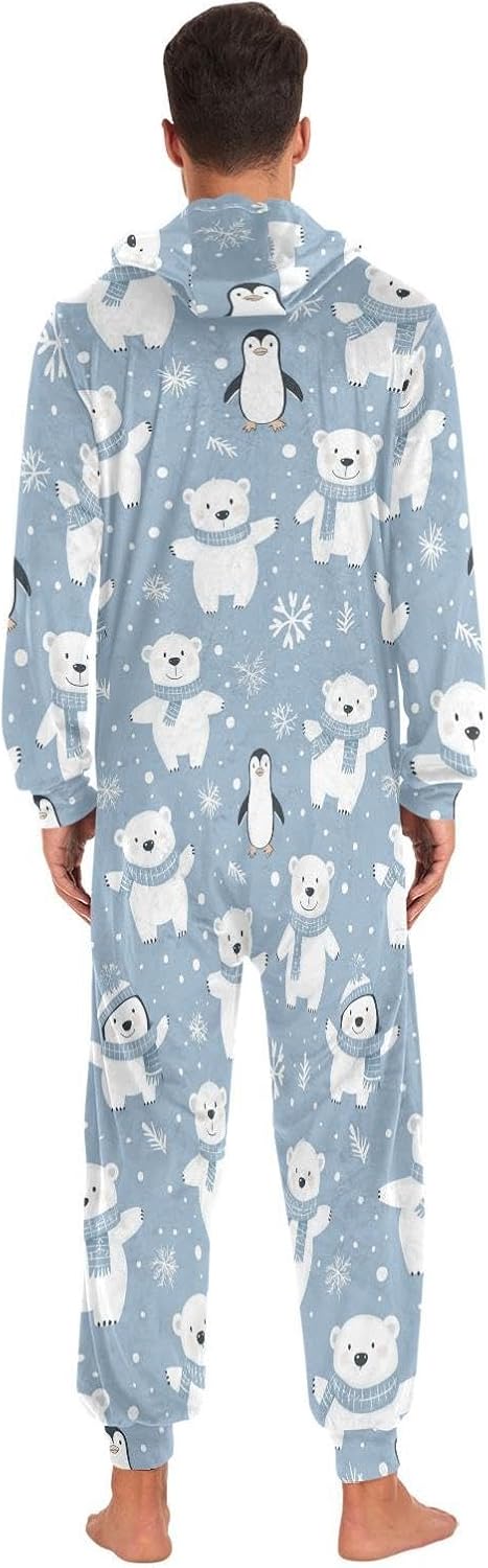 ZZKKO Winter Polar Bear Penguin Adult Onesie Pajamas for Women Men Cozy One Piece Pajamas Costume Zip-Up Hooded S-XL