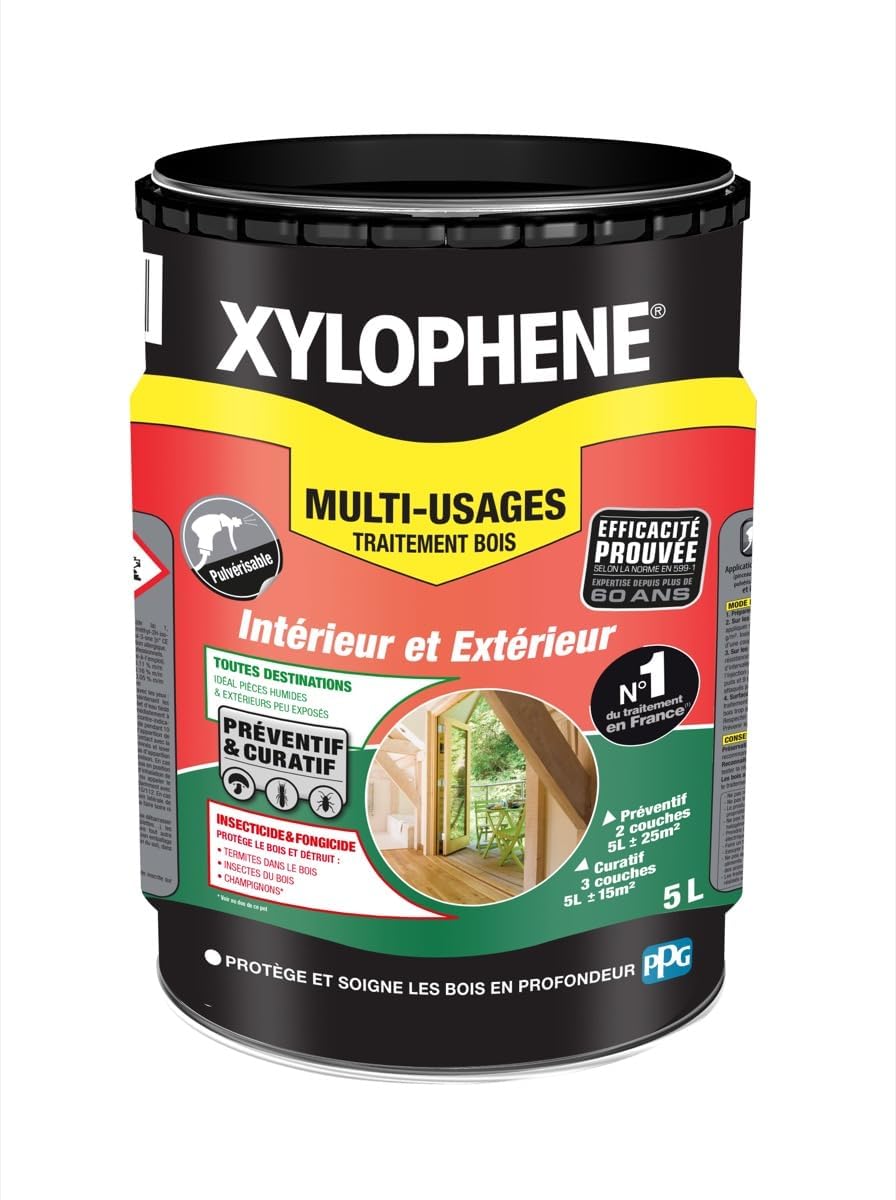 XYLOPHENE - Traitement Multi-usages Intérieur et Extérieur - Pour les Zones Difficiles d'Accès - Élimine Insectes et Termites - Formule renforcée en fongicide - Séchage rapide - 5L - Incolore