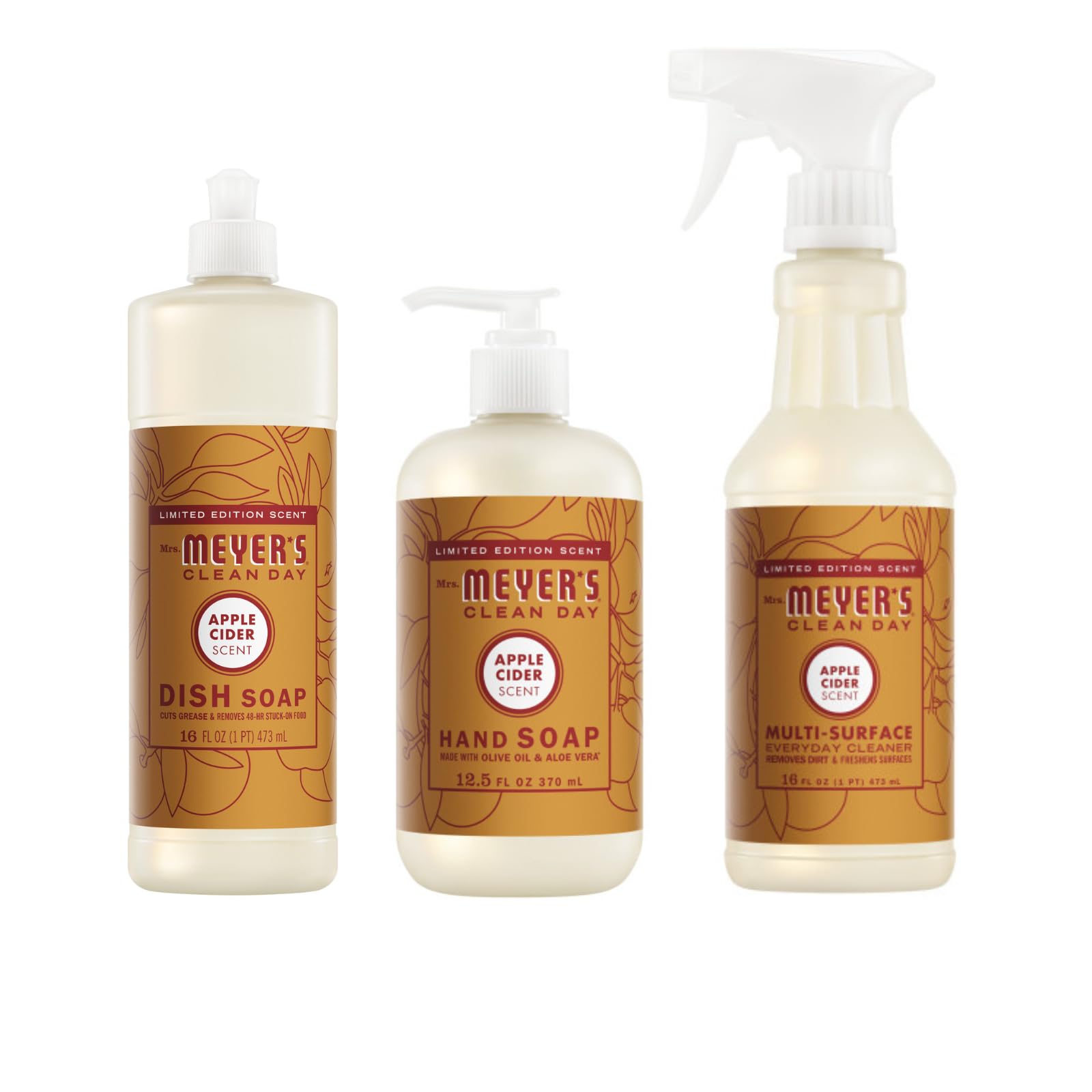 Mrs. MEYER'S Apple Cider Kitchen Set, Includes, 1 Hand Soap, 1 Dish Soap, and 1 Multi Surface Cleaner 3 ct.