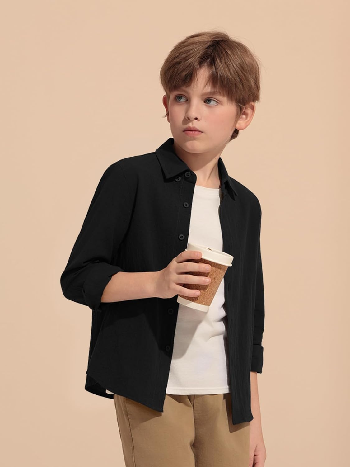 Haloumoning Boys Long Sleeve Button Down Shirt Kids Cotton Texture Dress Shirts School Uniform Shirt 5-14 Years - Image 4