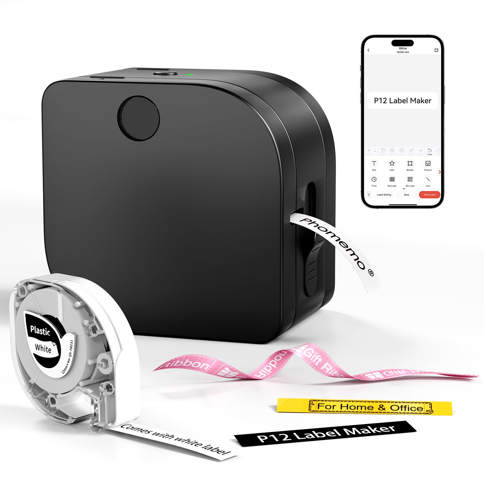 Phomemo P12 Etikettendrucker, Bluetooth Beschriftungsgerät unterstützt Langlebige Thermotransfer-Etiketten