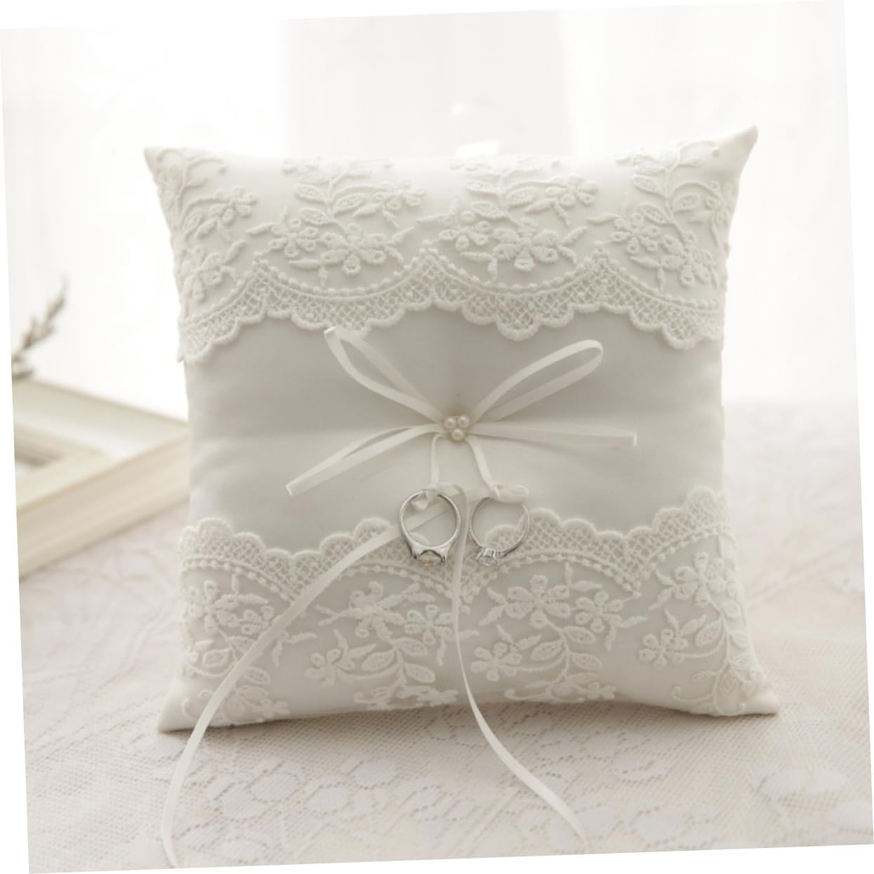 CHILDWEET Lace Decorative Wedding Pillow with Ribbons Elegant Engagement Bridal Bearer Cushion for Ceremony Beige Soft and Charming Design for Weddings