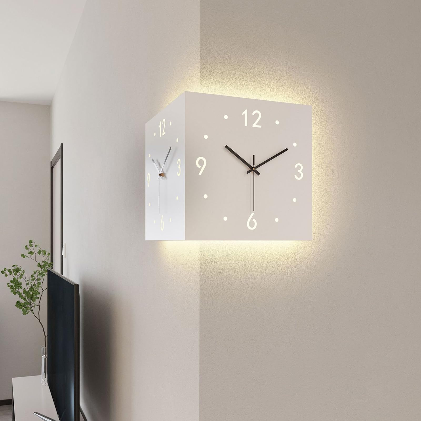 Modern Decorative Art Corner Wall Clock - Double Sided Square Digital Wall Clock in Yellow, Silent & Sensor Luminous for Living Room Decor