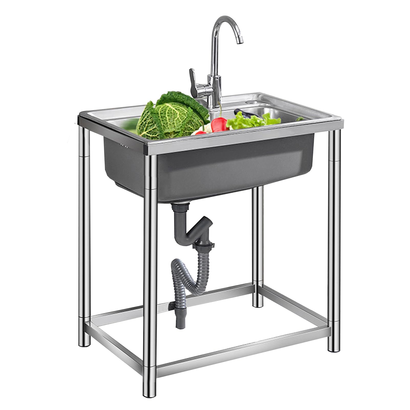 HCZKIUJY Kitchen Utility Sink,Stainless Steel Kitchen Sink Freestanding Utility with Tap + Drain Commercial Single Bowl for Garage, Laundry, Room, Restaurant, Workshop (68 * 44 * 74cm)