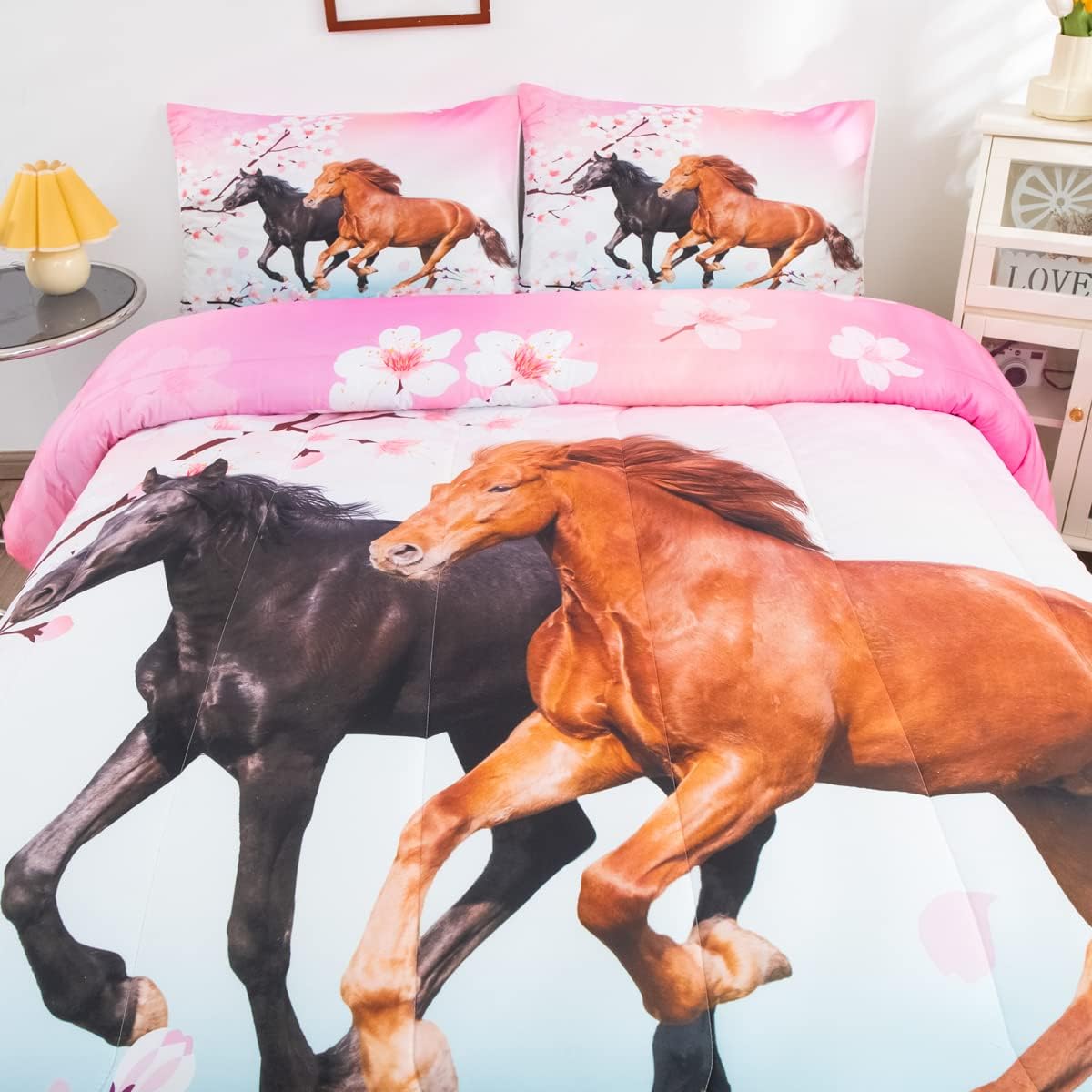 Feelyou Girls Horse Bedding Set Twin Size Galloping Horses Comforter Set for Kids Teens Cherry Blossom Comforter 3D Wild Animal Duvet Set Farmhouse Bedroom Decor Quilt Set 2Pcs - Image 4