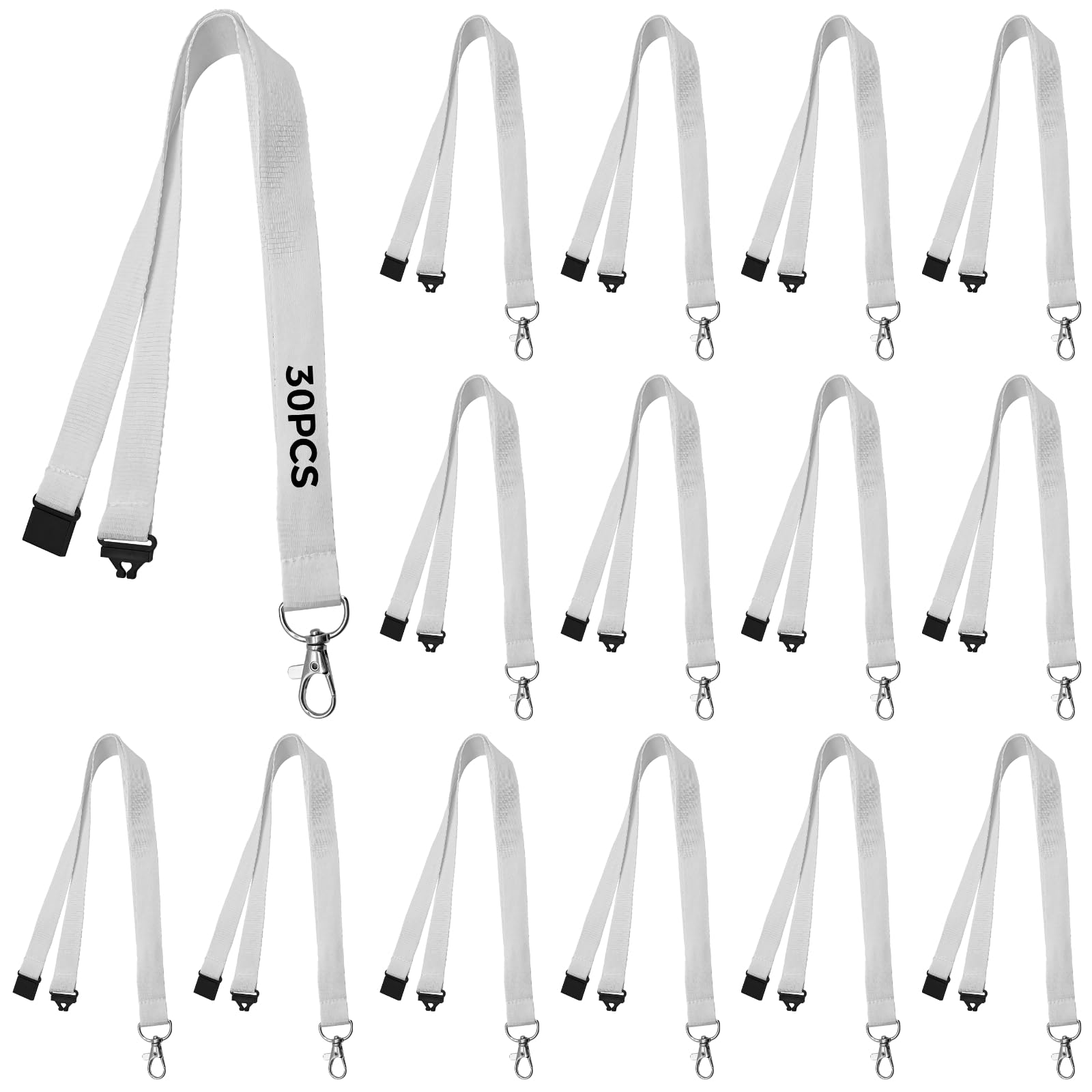 Calolin 30 Pcs Sublimation Lanyard Blank, White Polyester ID Badge Lanyards (0.78"x39") with Safety Breakaway Clip & Metal Swivel Hook, Heat Transfer Ready Neck Straps for Employee Badge