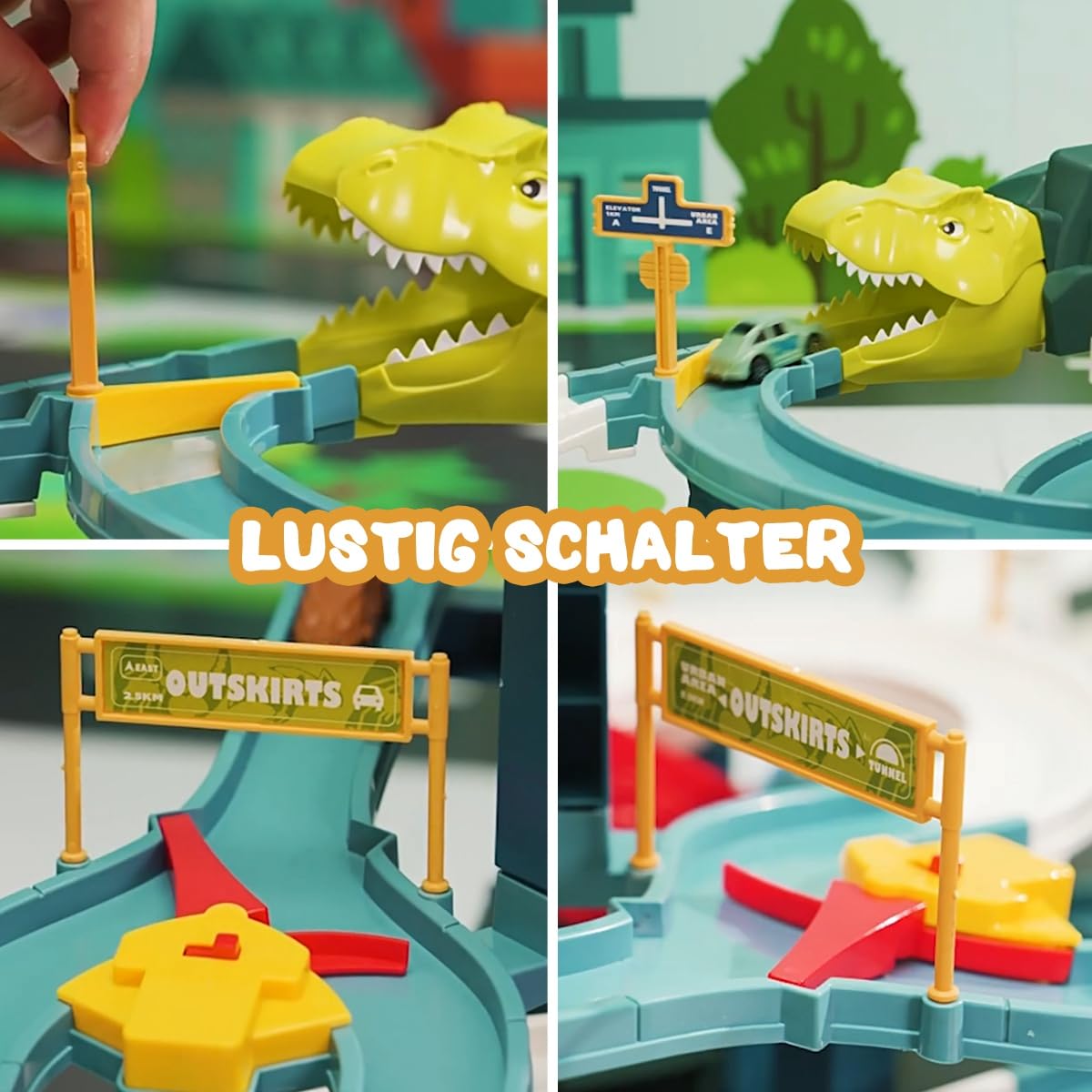 Dinosaurier Spielzeug Rennstrecken Spielset mit 7 Ebenen 8 Autos, Autorennbahn Parkhaus Garage City Streckenset Autobahn für Kinder ab 3 4 5 6 Jahren
