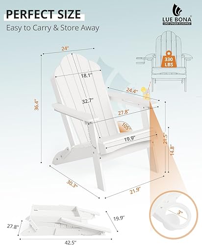 Miniatura 2 de LUE BONA Silla Adirondack plegable, juego de 2, portavasos, grano de madera, hoguera, patio, piscina, color blanco