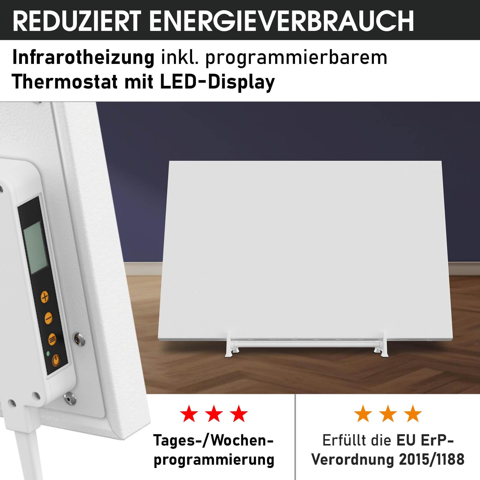 BRAST® Infrarotheizung mit Thermostat | 300-1100 Watt | Made in Europe | Inkl. Wandhalterung Standsystem + Griff | hoher Wirkungsgrad | Flexibler Einsatz | Ultraflache Bauweise | IP-TH 300