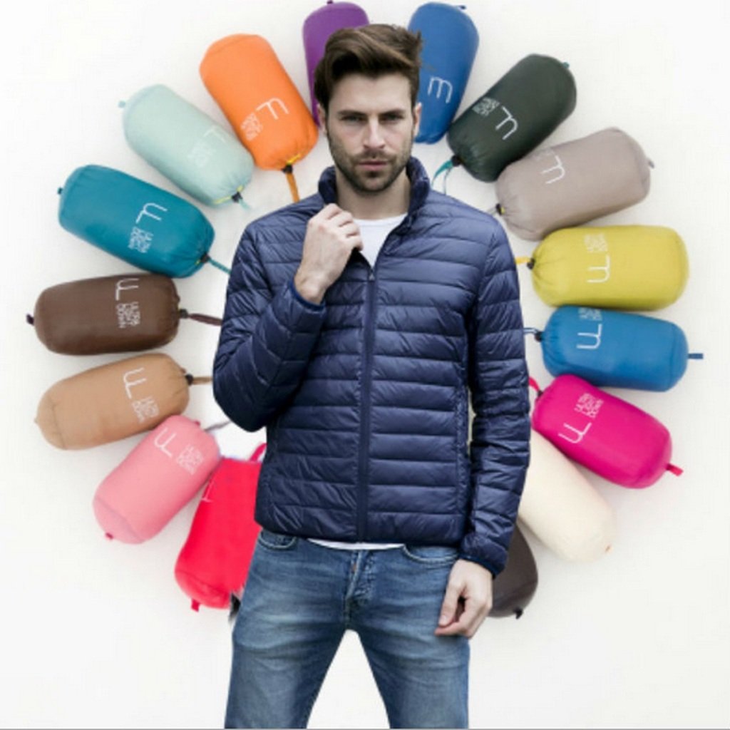 Leemansha®Men's Long Sleeve Packable Plain Stripe Ultra Lightweight Warm Down Puffa Jacket Padded Jacket Coat-XXL(Black)