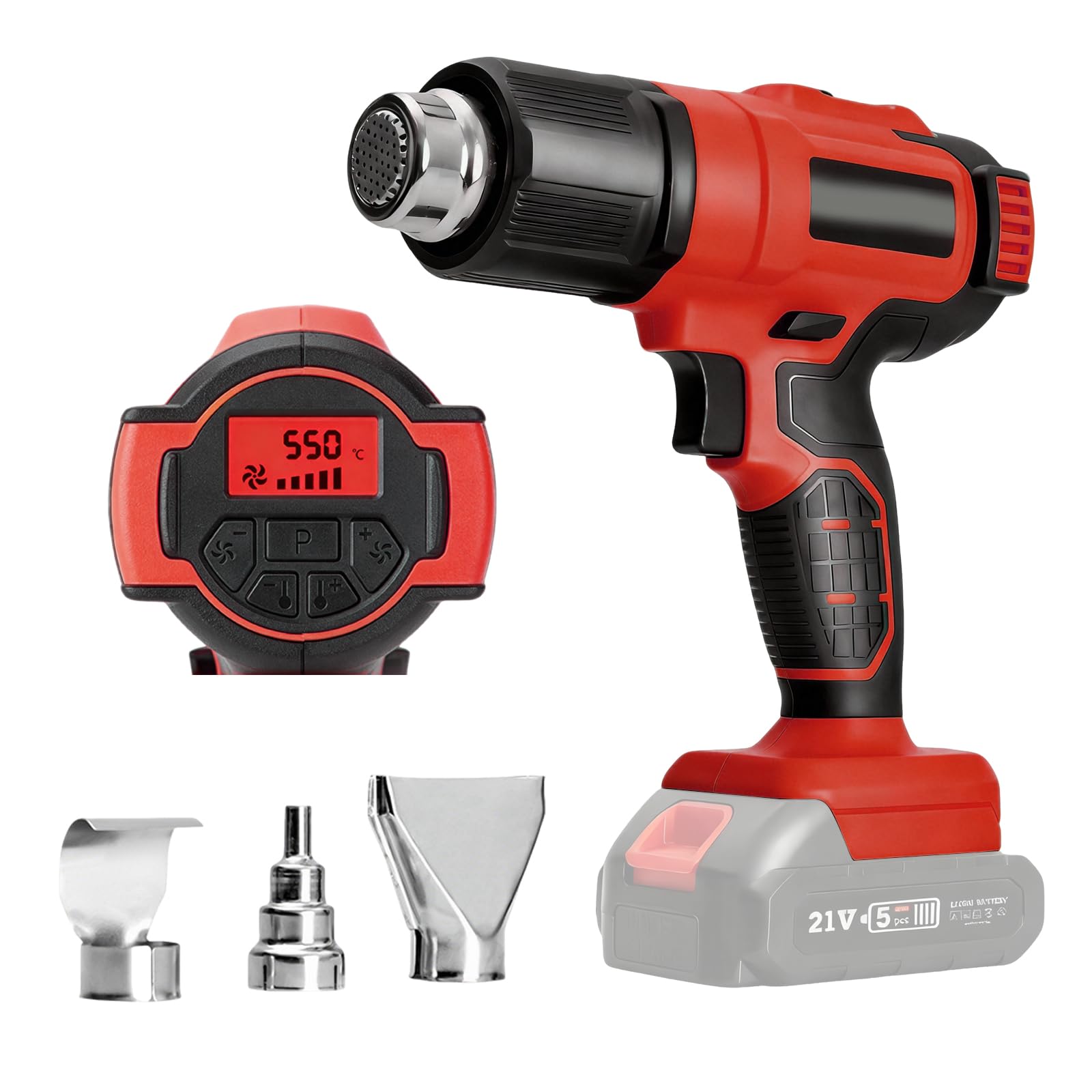 Secador de aire caliente con batería para Makita 18V, soplador de aire caliente inalámbrico con pantalla LCD digital y 3 boquillas pistola de aire caliente, calentamiento rápido de 50-550°C para tubos