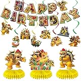 Cartoon Bowser Birthday Party Decorations, Include Banner,Hanging Swirls and Table Decorations Honeycomb Centerpieces for Cartoon Bowser Party Supplies.