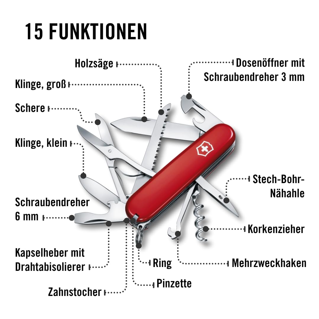 Victorinox Schweizer Taschenmesser Huntsman, Multitool, Swiss Army Knife mit 15 Funktionen, Klinge, Korkenzieher, Dosenöffner, Rot