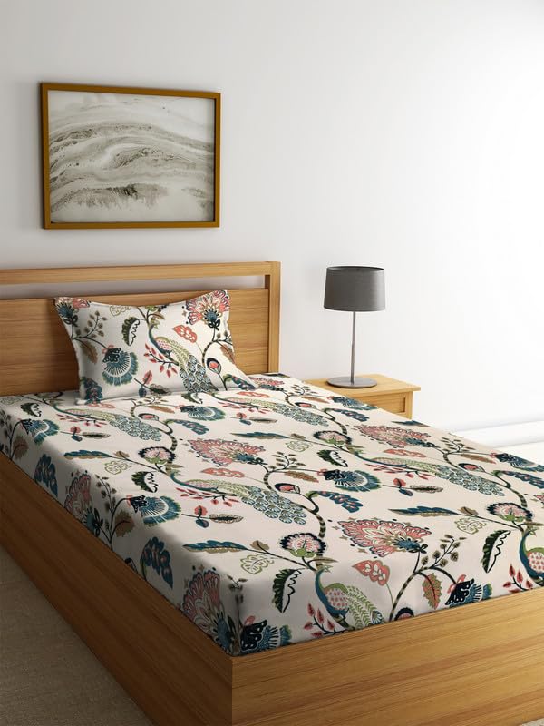 Image of NHD HOME Glace Cotton 200 Tc Floral Flat Single Bedsheets For Summer Breathable | Wrinkle-Free (Size-60 X 90 Inch) With 1 Pillow Cover (Size-17 X 27 Inches, Off White & Green), Smallsingle