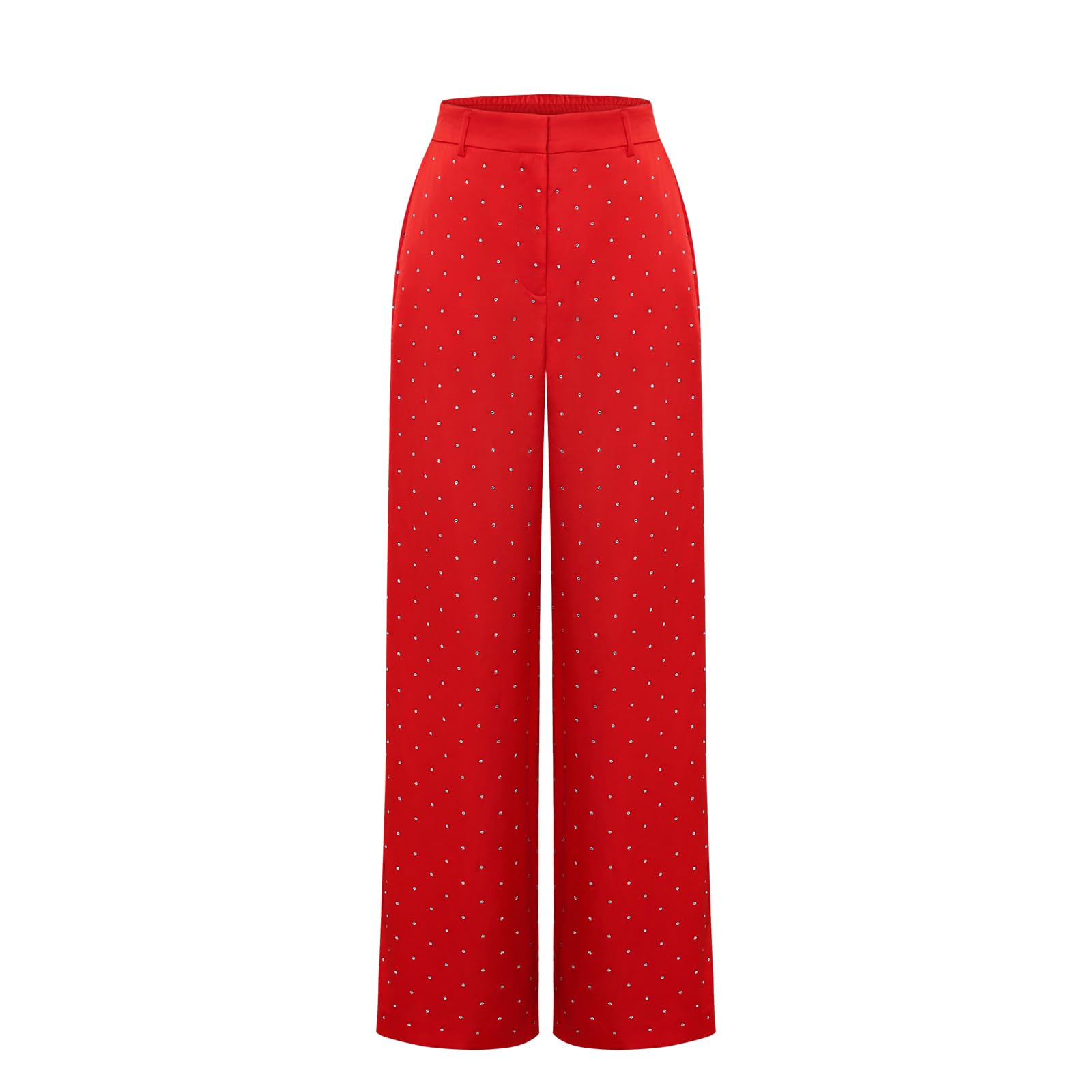 Womens High Elastic Waist Palazzo Pants Straight Leg Rhinestone Casual Loose Long Pant