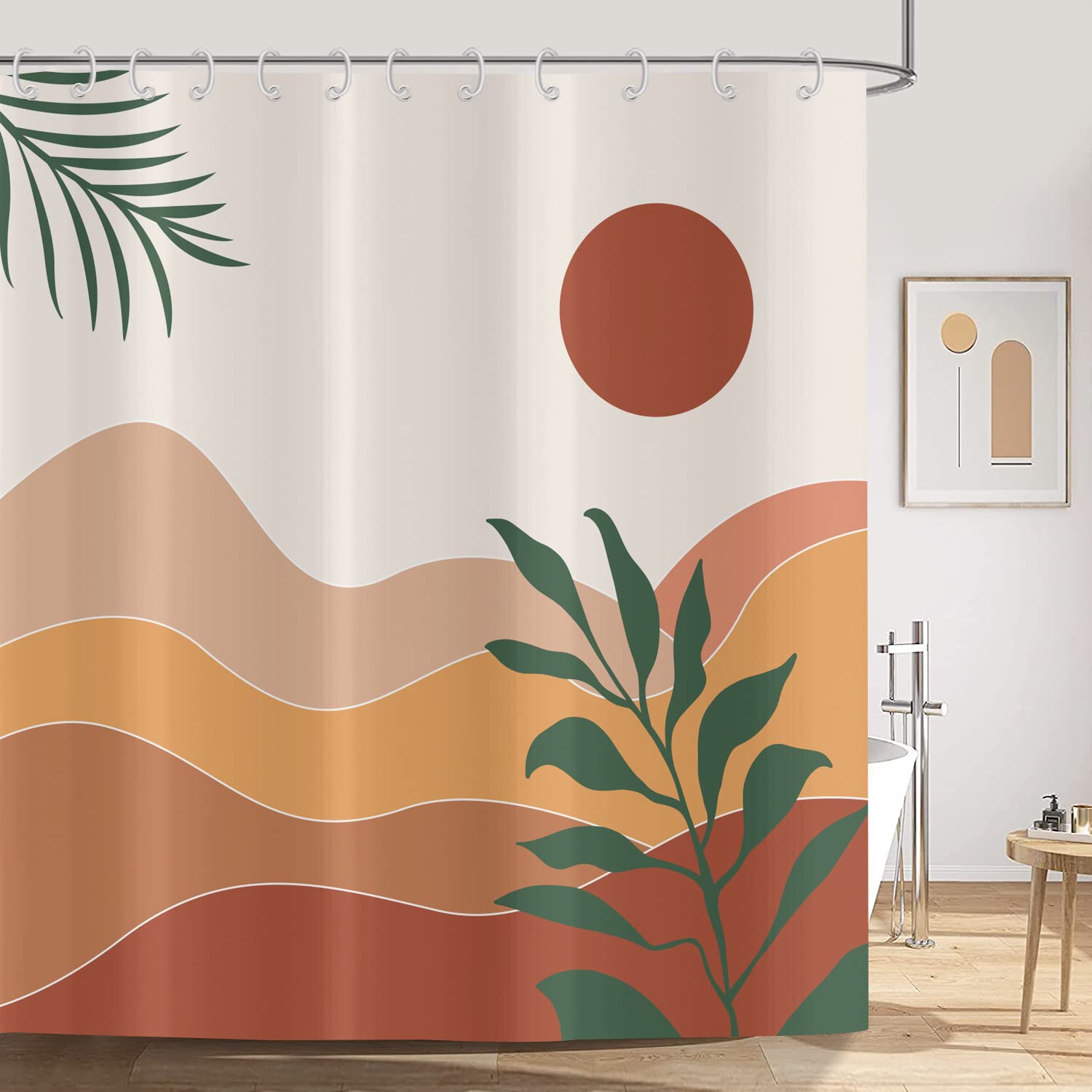 Rideau De Douche Boho Chic 90x180 Cm - Motif Feuilles Abstraites Marron Beige | Textile Imperméable Lavable + 6 Crochets Offerts | Style Moderne Ethnique Pour Salle De Bain